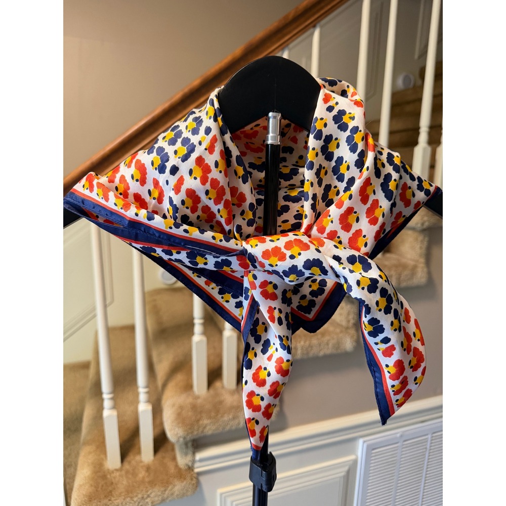 Vintage Style Floral Square Scarf Red Navy Blue Yellow White 26x26 Neck Scarf